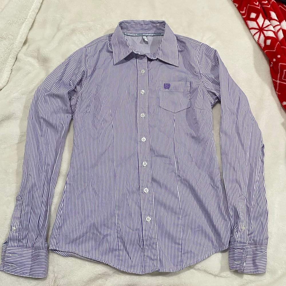 Cinch Women's Purple Pinstripe Tencel Long Sleeve Button Down Shirt